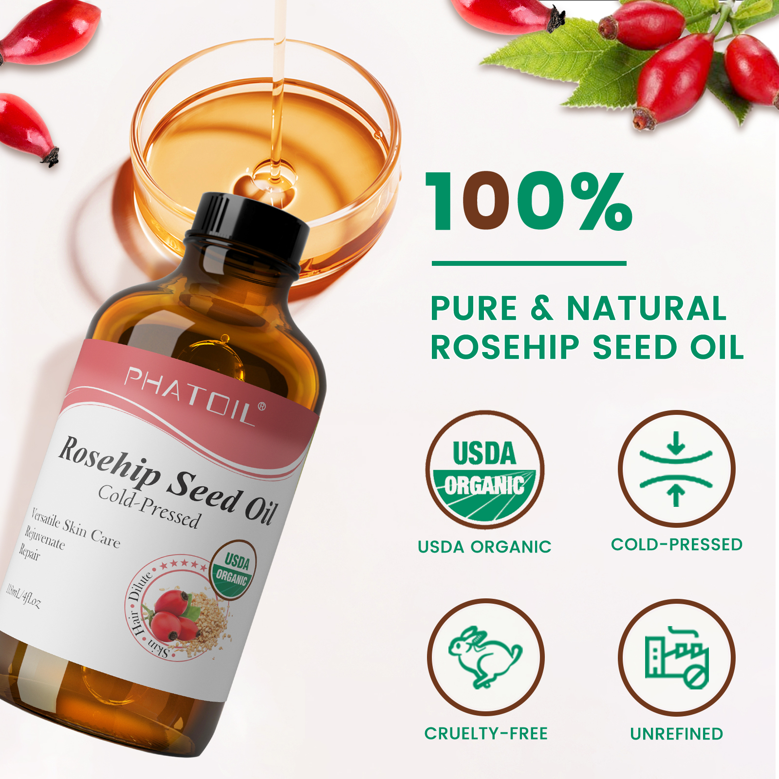 PHATOIL 118ml Organic Face Oil – Cold Pressed Rose Hip Bewertung und Preis
